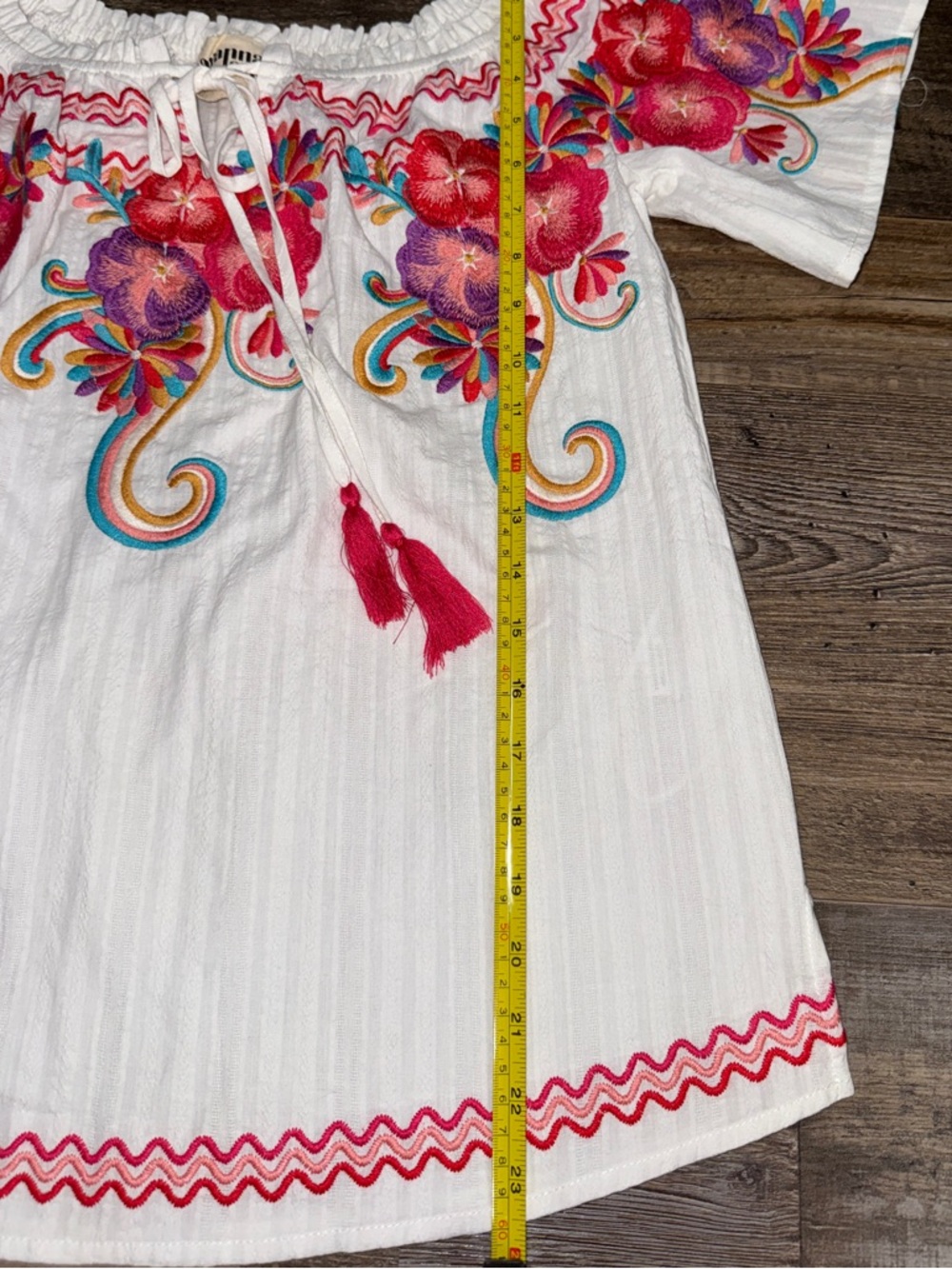 Savanna Jane Embroidered Boho Peasant Top Floral Tassel White Size S - Picture 9 of 9